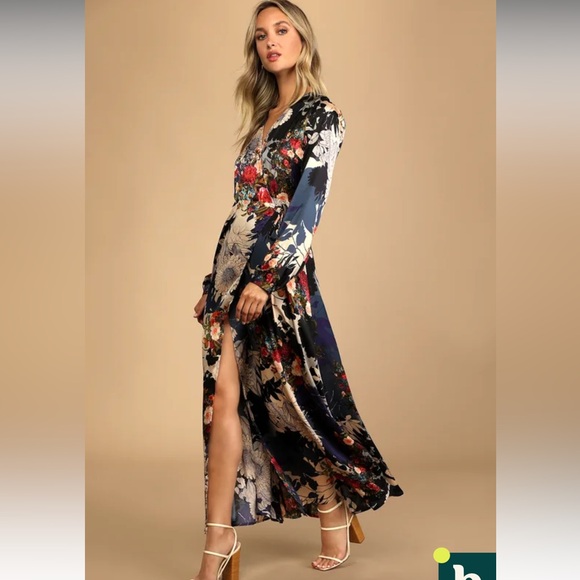 Lulus Put on a Smile Blue Floral Print Satin Wrap Maxi Dress - Picture 3 of 6